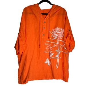 Oversized 100% Linen Roll Tab Sleeve Drawstring Graphic Hoodie Womens Orange